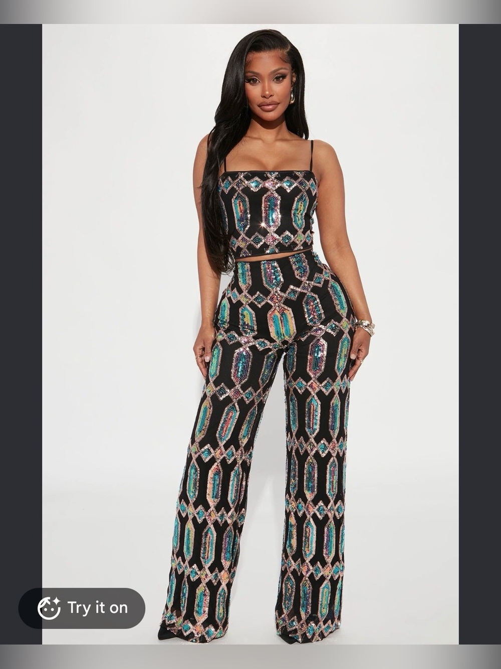 Fashion Nova fairytale Black Sequin Wide-Leg pant set with Teal & Pink Accents